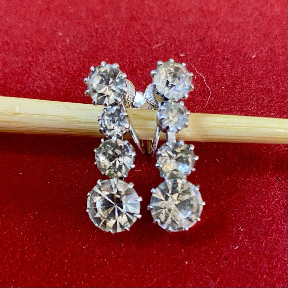 Vintage Drop Earrings Clear 4 Stone Screw Back Appx 3/4" Wedding Formal